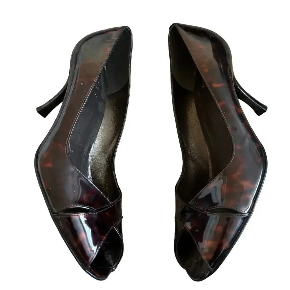 Stuart Weitzman Women's Tortoise Print Patent Leather Heel 8 Peep Toe Stiletto